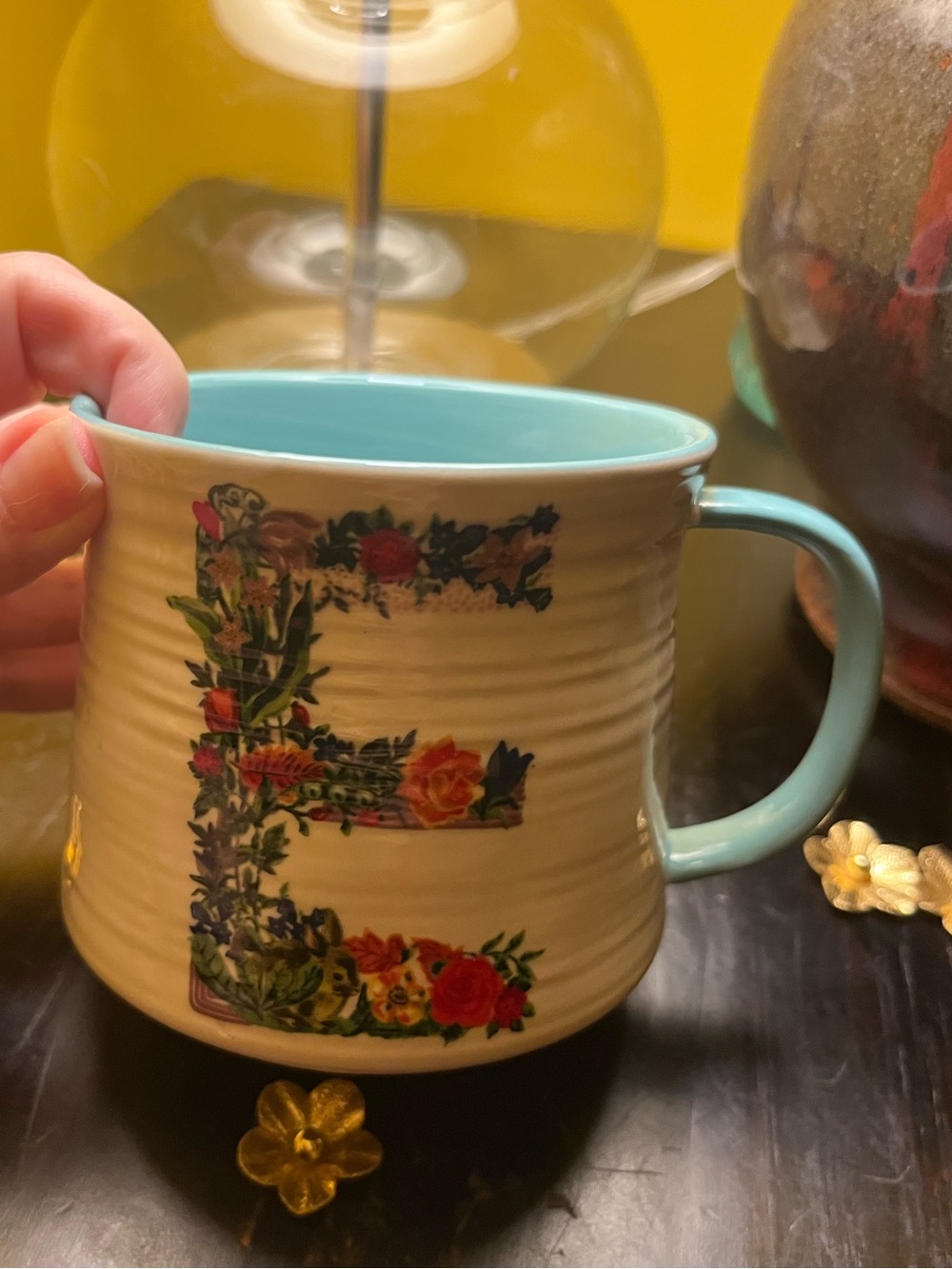 Anthropologie Floral "E" Monogram Mug in Turquoise Interior